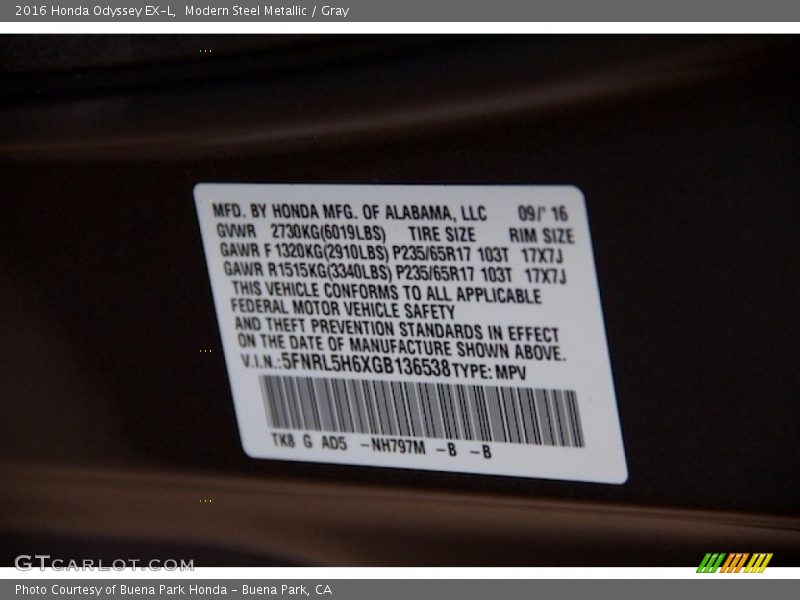 Modern Steel Metallic / Gray 2016 Honda Odyssey EX-L