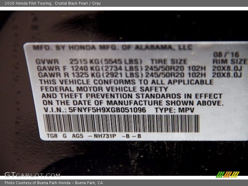Crystal Black Pearl / Gray 2016 Honda Pilot Touring