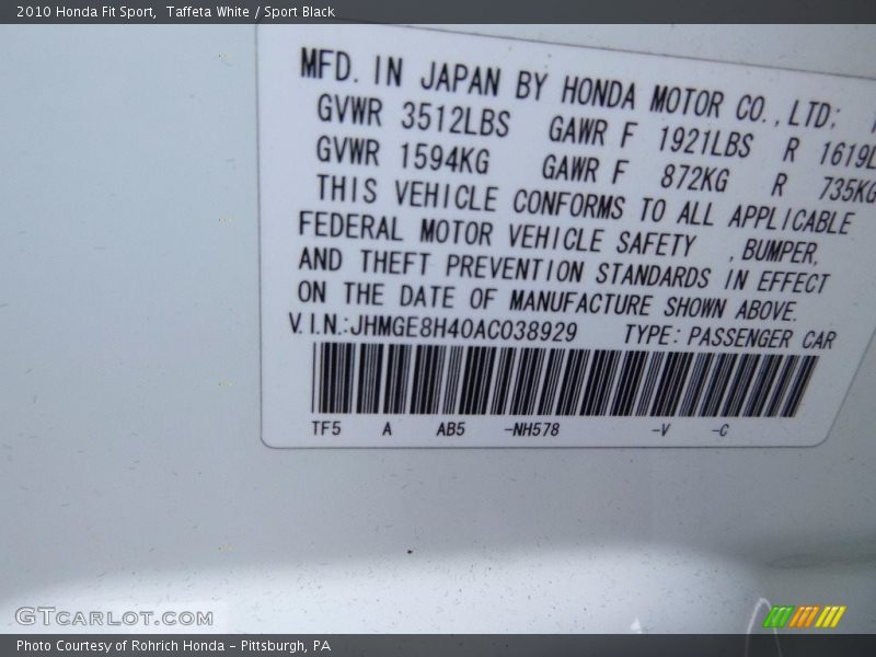 Taffeta White / Sport Black 2010 Honda Fit Sport