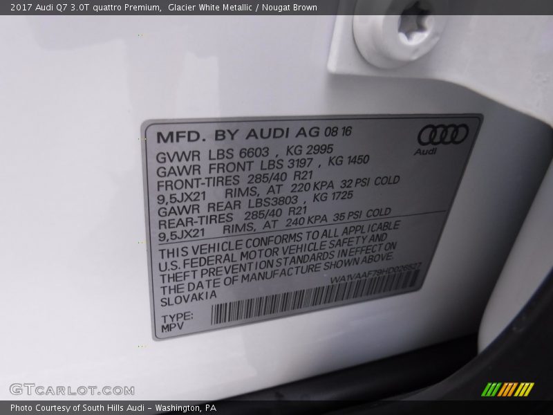 Glacier White Metallic / Nougat Brown 2017 Audi Q7 3.0T quattro Premium