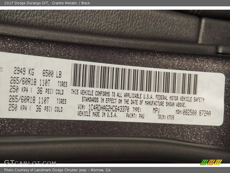 Granite Metallic / Black 2017 Dodge Durango SXT