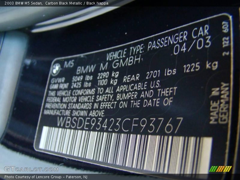 Carbon Black Metallic / Black Nappa 2003 BMW M5 Sedan