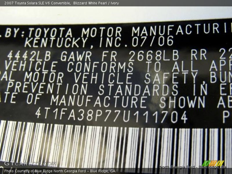 Blizzard White Pearl / Ivory 2007 Toyota Solara SLE V6 Convertible