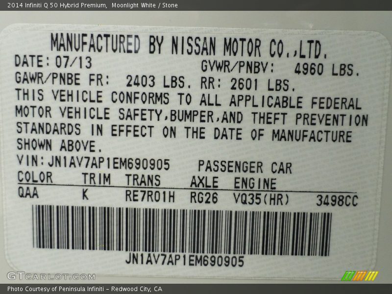 Moonlight White / Stone 2014 Infiniti Q 50 Hybrid Premium