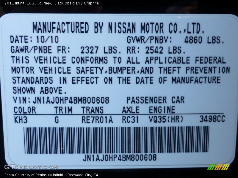 Black Obsidian / Graphite 2011 Infiniti EX 35 Journey