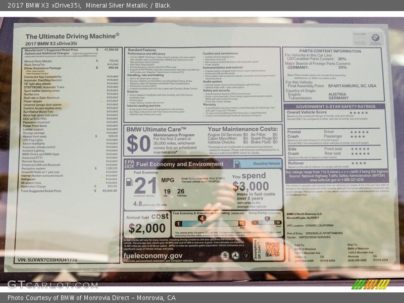  2017 X3 xDrive35i Window Sticker