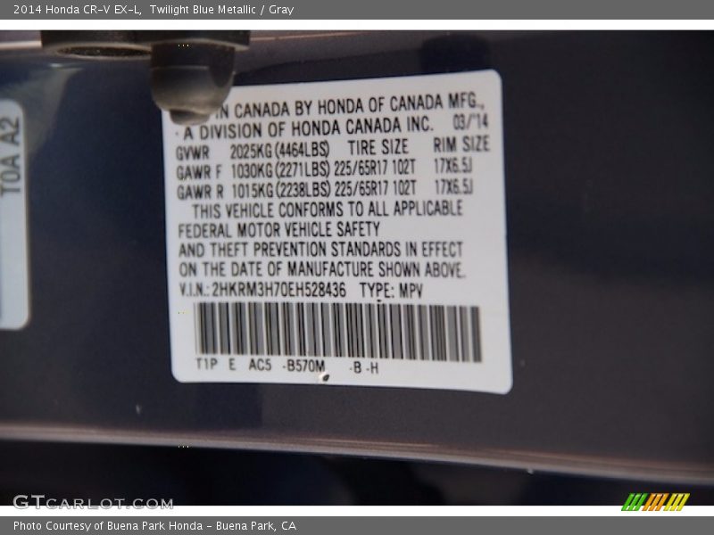 Twilight Blue Metallic / Gray 2014 Honda CR-V EX-L