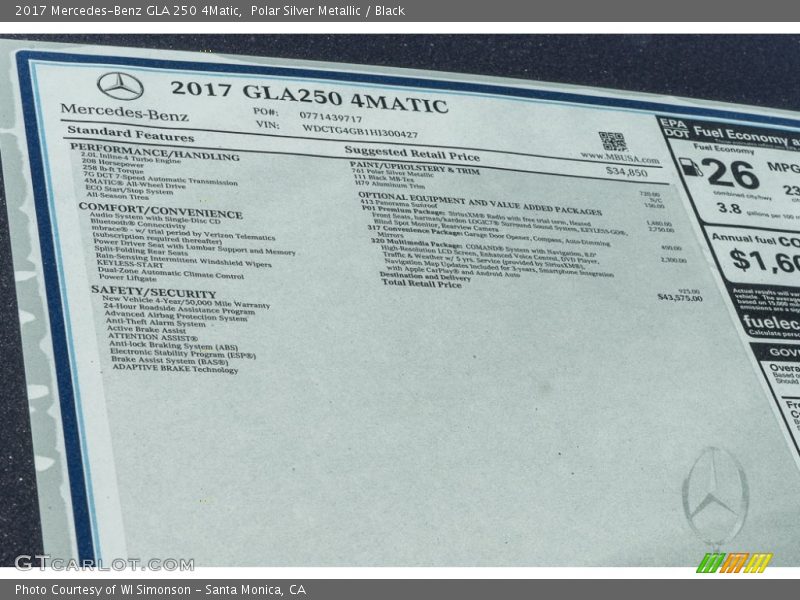  2017 GLA 250 4Matic Window Sticker
