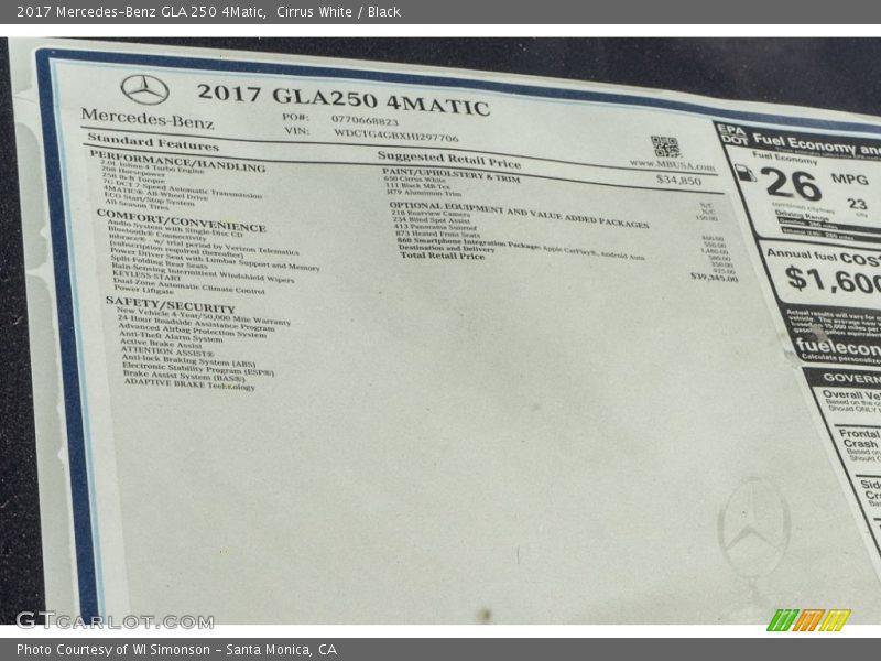  2017 GLA 250 4Matic Window Sticker
