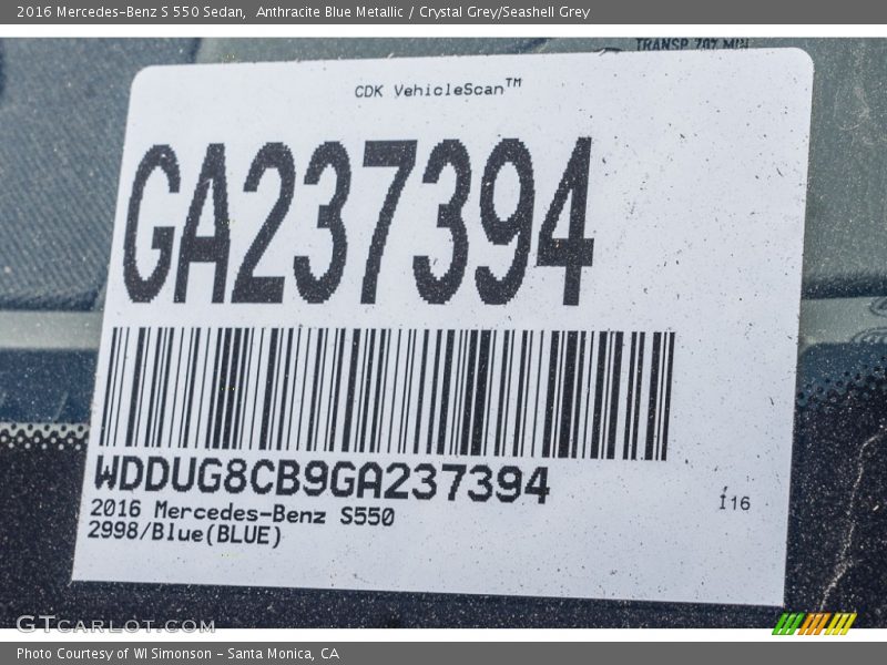 Anthracite Blue Metallic / Crystal Grey/Seashell Grey 2016 Mercedes-Benz S 550 Sedan