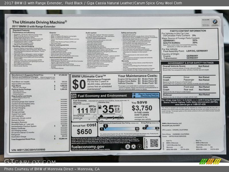  2017 i3 with Range Extender Window Sticker