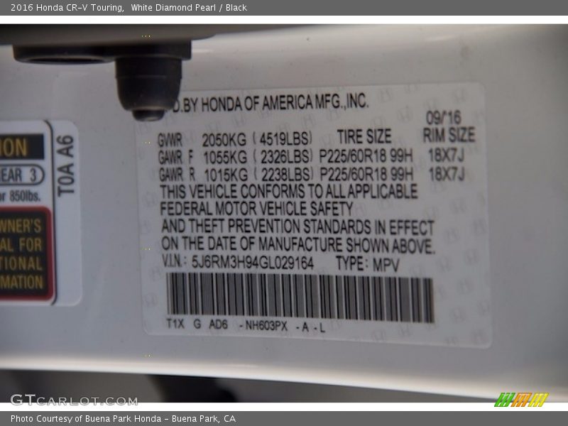 White Diamond Pearl / Black 2016 Honda CR-V Touring