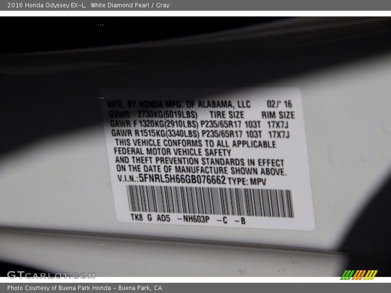 White Diamond Pearl / Gray 2016 Honda Odyssey EX-L