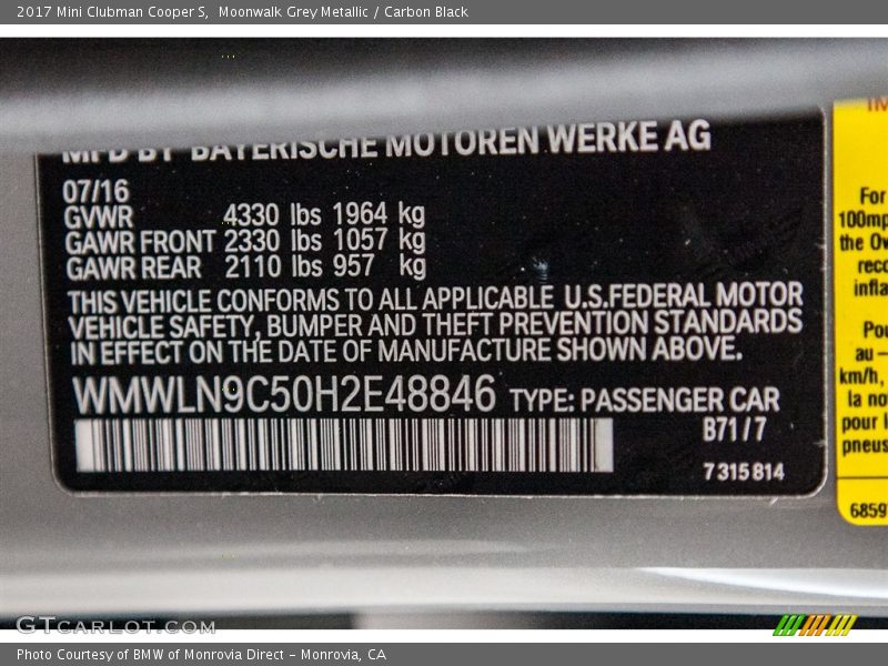 2017 Clubman Cooper S Moonwalk Grey Metallic Color Code B71