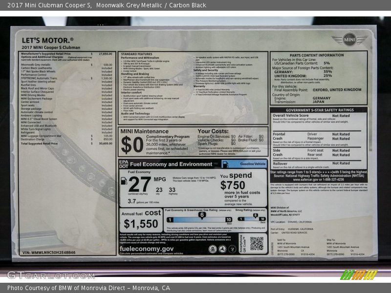  2017 Clubman Cooper S Window Sticker