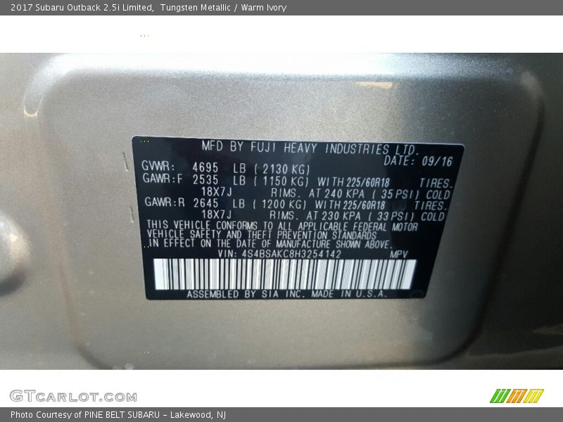 Tungsten Metallic / Warm Ivory 2017 Subaru Outback 2.5i Limited