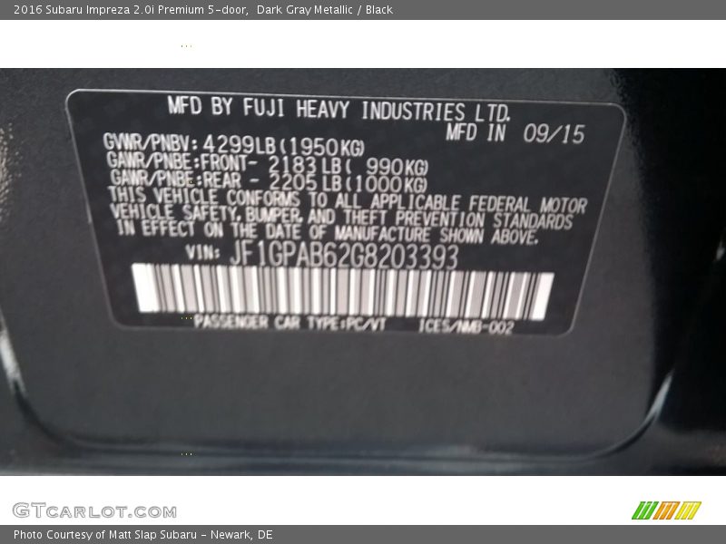Dark Gray Metallic / Black 2016 Subaru Impreza 2.0i Premium 5-door