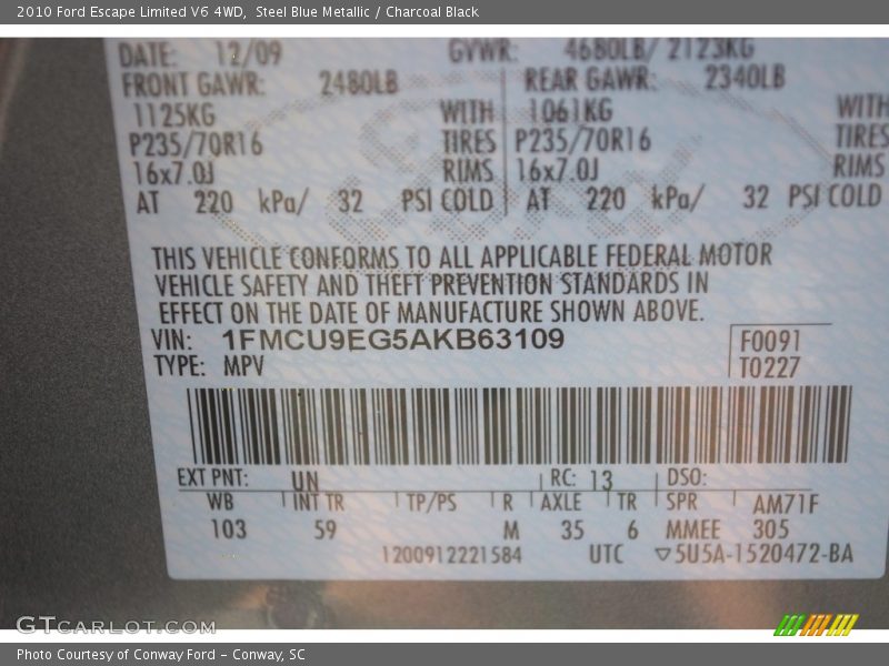 Steel Blue Metallic / Charcoal Black 2010 Ford Escape Limited V6 4WD