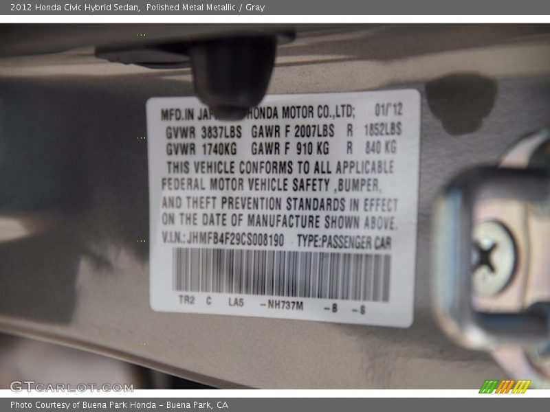 Polished Metal Metallic / Gray 2012 Honda Civic Hybrid Sedan