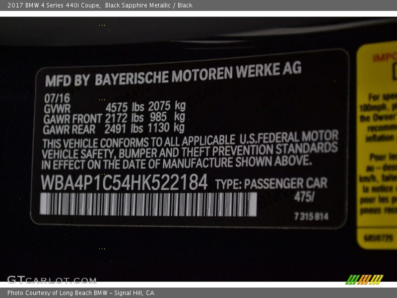 2017 4 Series 440i Coupe Black Sapphire Metallic Color Code 475