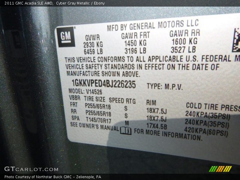 Cyber Gray Metallic / Ebony 2011 GMC Acadia SLE AWD