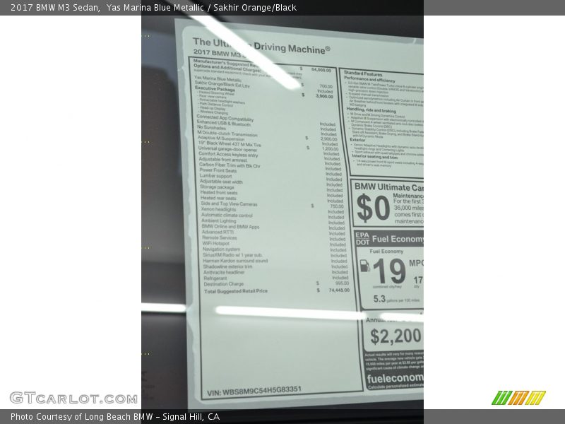  2017 M3 Sedan Window Sticker