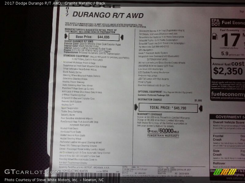 Granite Metallic / Black 2017 Dodge Durango R/T AWD