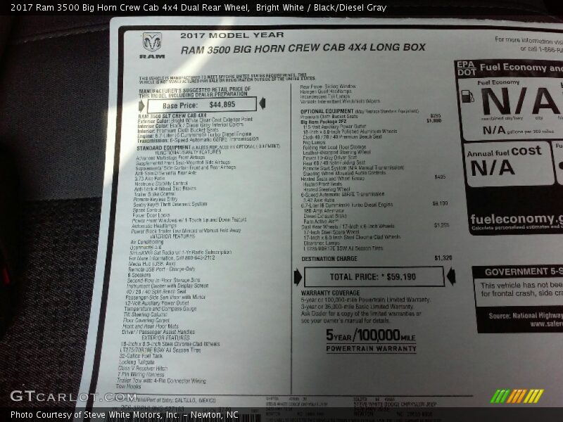 Bright White / Black/Diesel Gray 2017 Ram 3500 Big Horn Crew Cab 4x4 Dual Rear Wheel