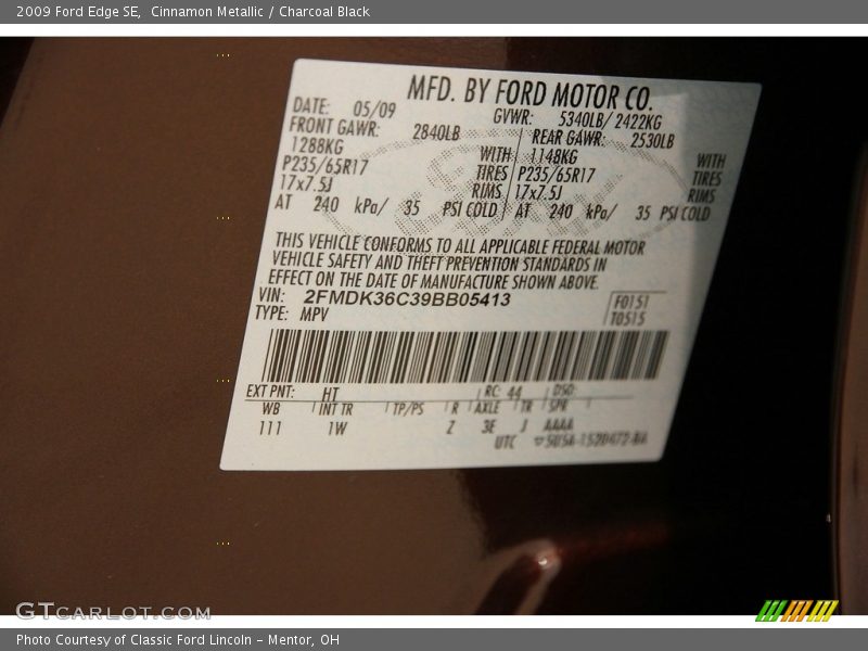 Cinnamon Metallic / Charcoal Black 2009 Ford Edge SE