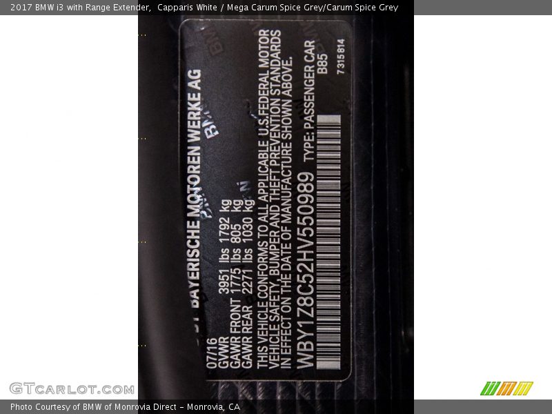 2017 i3 with Range Extender Capparis White Color Code B85