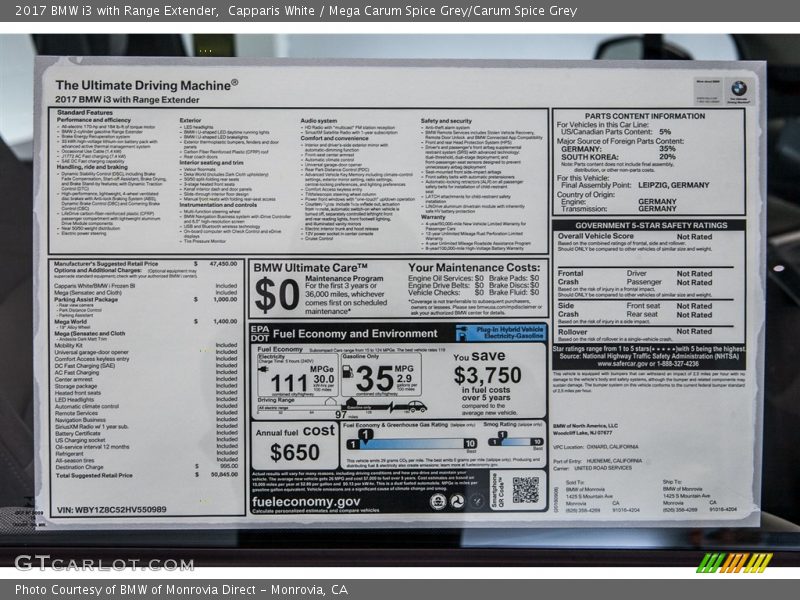  2017 i3 with Range Extender Window Sticker