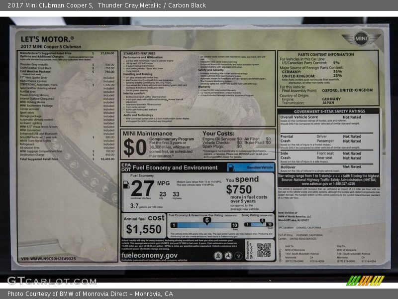 Thunder Gray Metallic / Carbon Black 2017 Mini Clubman Cooper S