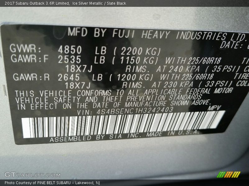 Ice Silver Metallic / Slate Black 2017 Subaru Outback 3.6R Limited