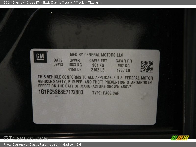 Black Granite Metallic / Medium Titanium 2014 Chevrolet Cruze LT