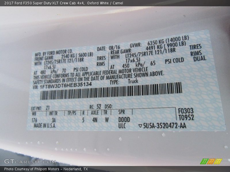 2017 F350 Super Duty XLT Crew Cab 4x4 Oxford White Color Code Z1