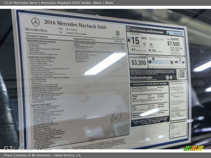  2016 S Mercedes-Maybach S600 Sedan Window Sticker