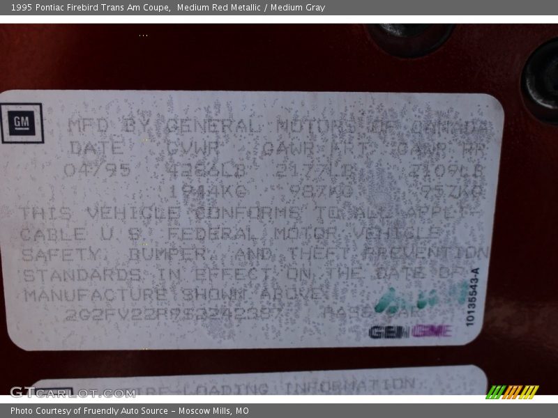 Medium Red Metallic / Medium Gray 1995 Pontiac Firebird Trans Am Coupe