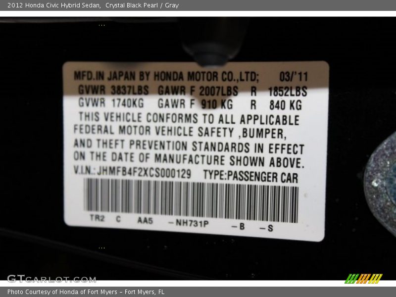 Crystal Black Pearl / Gray 2012 Honda Civic Hybrid Sedan