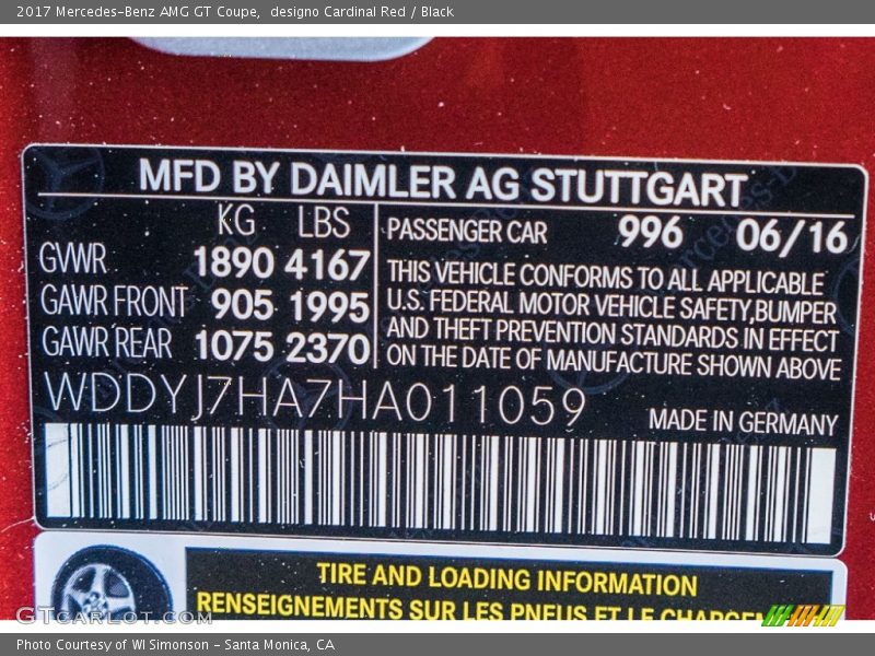 2017 AMG GT Coupe designo Cardinal Red Color Code 996