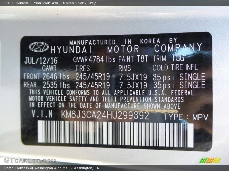 2017 Tucson Sport AWD Molten Silver Color Code T8T