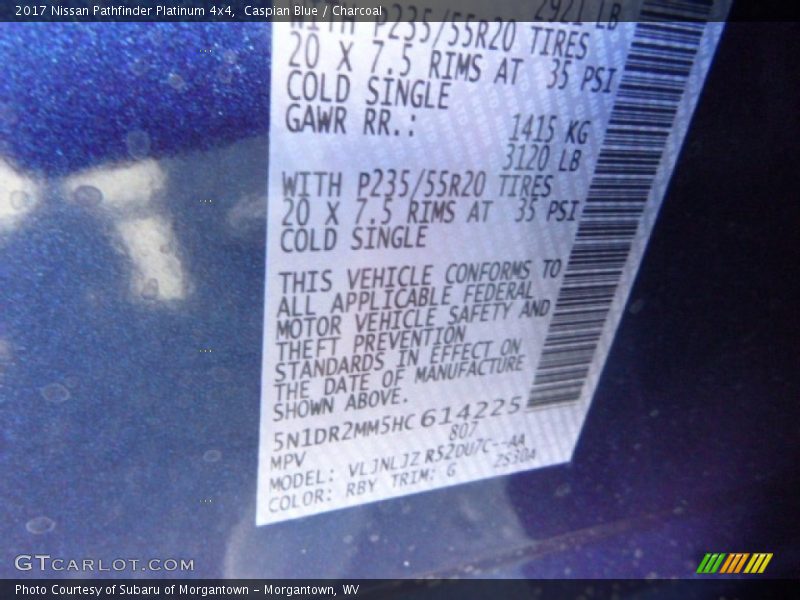 2017 Pathfinder Platinum 4x4 Caspian Blue Color Code RBY
