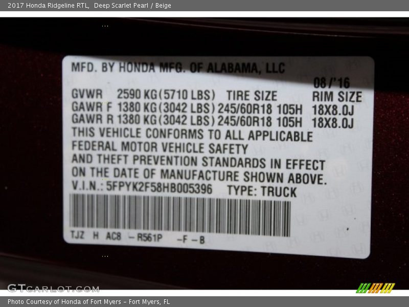 2017 Ridgeline RTL Deep Scarlet Pearl Color Code R561P