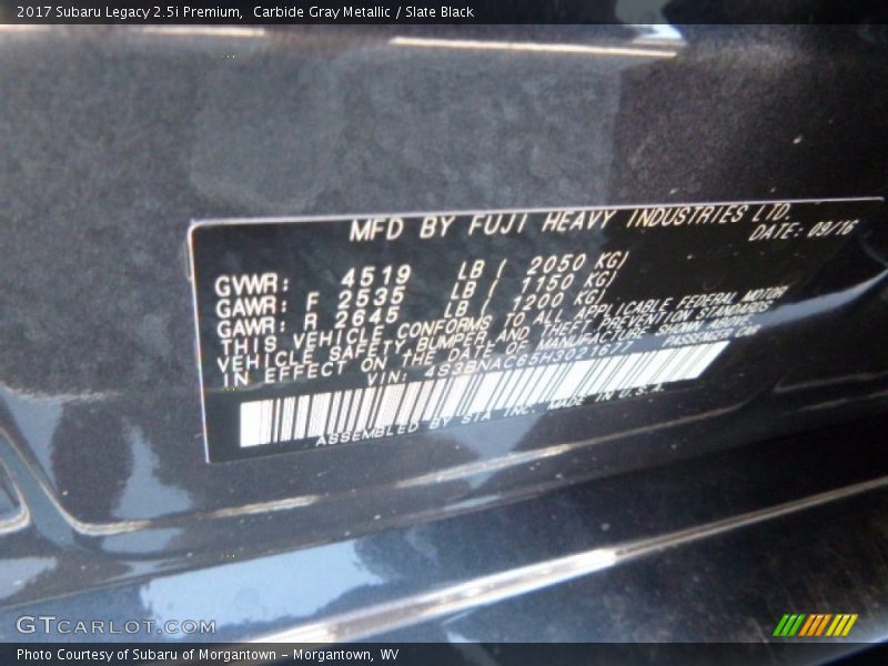 Carbide Gray Metallic / Slate Black 2017 Subaru Legacy 2.5i Premium