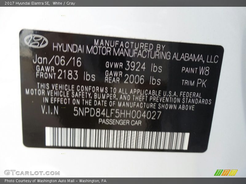 White / Gray 2017 Hyundai Elantra SE