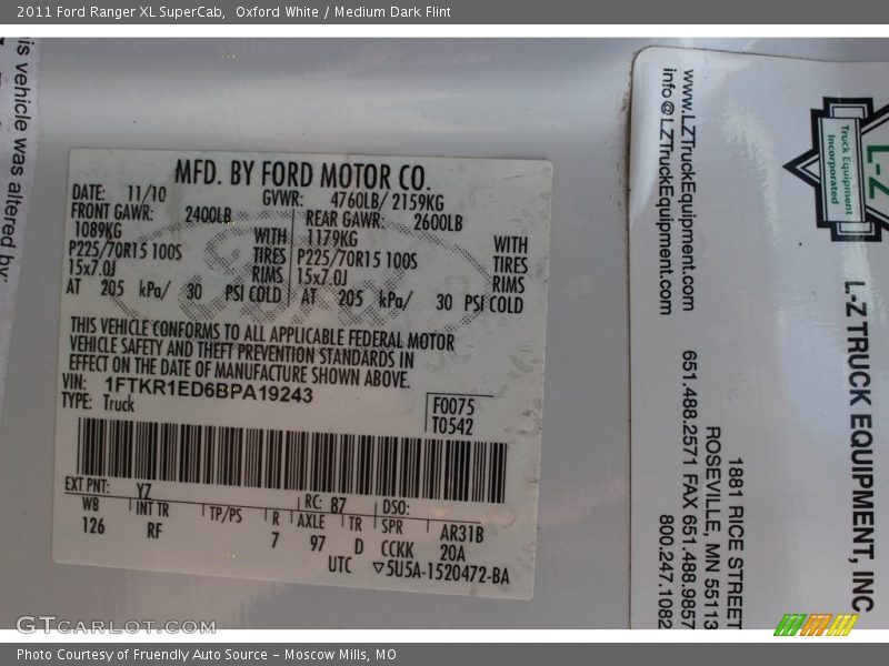 Oxford White / Medium Dark Flint 2011 Ford Ranger XL SuperCab