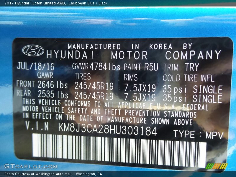 2017 Tucson Limited AWD Caribbean Blue Color Code R5U