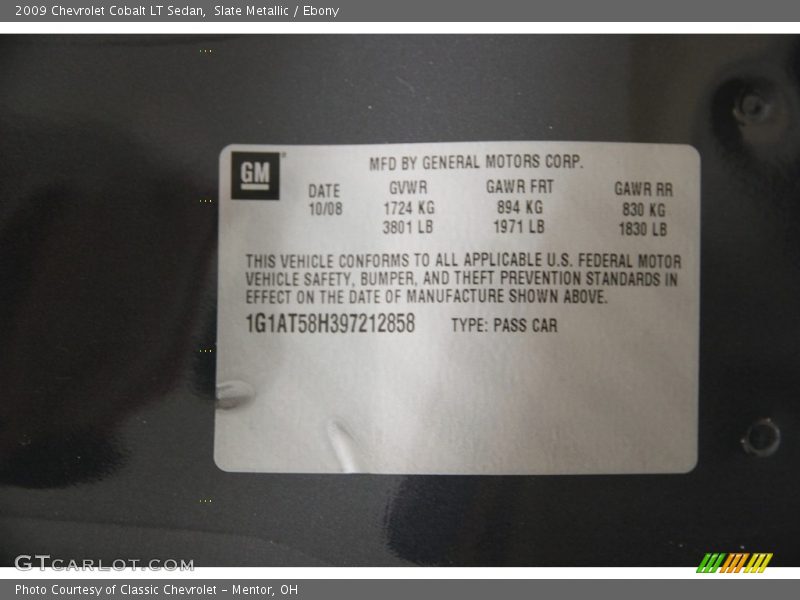 Slate Metallic / Ebony 2009 Chevrolet Cobalt LT Sedan