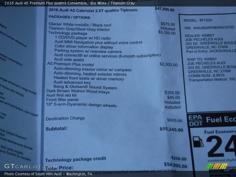  2016 A5 Premium Plus quattro Convertible Window Sticker