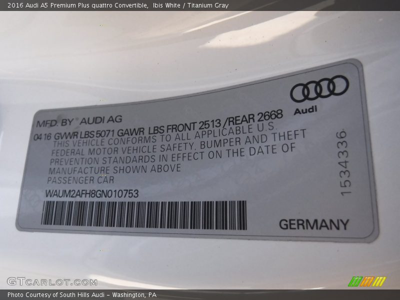 Ibis White / Titanium Gray 2016 Audi A5 Premium Plus quattro Convertible
