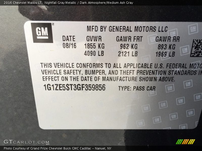 Nightfall Gray Metallic / Dark Atmosphere/Medium Ash Gray 2016 Chevrolet Malibu LT